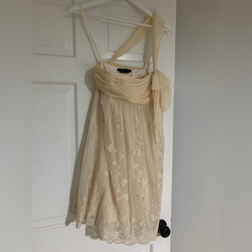BCBG MaxAzria Women’s cream baby doll dress with floral appliqué